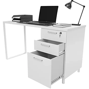 Домашен офис бюро Milano - 47 см Бял /White Домашен офис бюро с чекмеджета - Модерен компютърен маса с място за багаж, дървен офис бюро