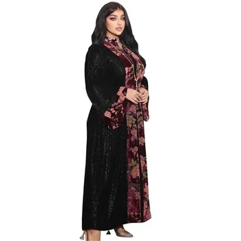 Дубай, Арабски кадифе, есен-зима, Абая с контрастни принтом, модни официални рокли, Курбан, Мек случайни мюсюлмански халат от Саудитска Арабия