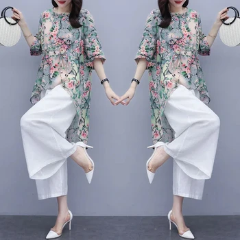 Единична/Комплекти 2023 Нови Летни Дамски Корейски модни горните панталони от две части, Всекидневни топ, Шифоновые Широки панталони, комплект за жени