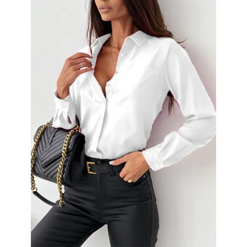 Елегантни обикновен дамски блузи, Пролет-есен, Ежедневни Ризи с дълъг ръкав и отложным яка, Офис женски однобортные върховете 2023