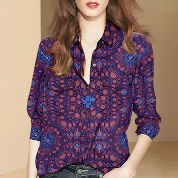 Есенна жена новост 2023 година, с модерна риза с принтом в ретро стил Хай стрийт с яка поло, модни универсална риза с дълъг ръкав