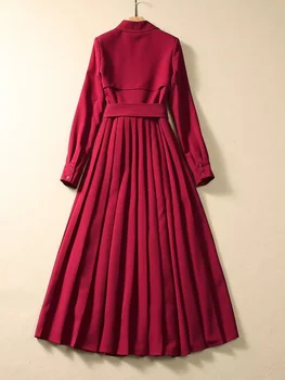 Есенни плисирани рокли Миди с дълъг ръкав за жени 2023, елегантен колан с отложным яка, червено Черна премяна, празнична дреха