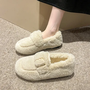 Есенно-зимни дамски плюшен обувки 2023 г., нови универсални кадифе топли ботуши на равна подметка, Корейски модни дамски обувки от утолщенного плюш
