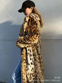 Есенно-зимни нова палто от изкуствена кожа с леопардовым фигура, женски модерен костюм, палто с яка, дълго палто