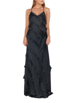 Жена Лятна Дълга рокля-прашка без ръкави на спагети презрамки с отворен гръб, однотонное вечерна рокля Макси с рюшами
