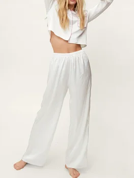 Жена пижамный комплект с атласным лък, тай-маншет, риза с дълъг ръкав и ревери копчета, еластичен колан, широки панталони, пижами от 2 теми