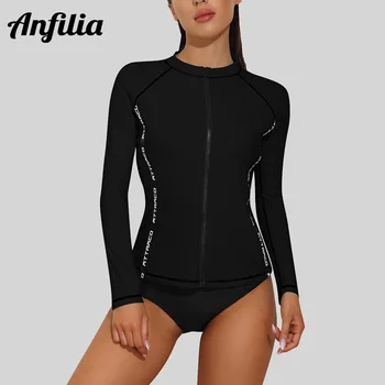 Защита от акне Anfilia за жени, плавательная риза с дълъг ръкав с цип отпред, топ за плуване UPF 50