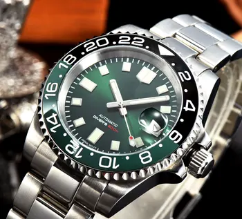 Зелени 24 скъпоценен камък NH35A Автоматично мъжки часовник Sunburst Циферблат Полиран гривна Oyster Сапфирен кристал Въртящи bezel Пръстен 20 БАР