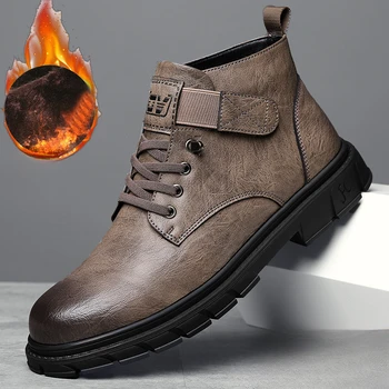 Зимни топли мъжки обувки от естествена кожа 2024 г., класически мъжки ботильоны, удобни и трайни мъжки туристически обувки