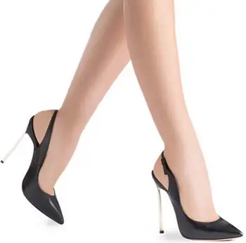 Класически летни сандали от черна матова лачена кожа с остри пръсти, на тънък ток, без закопчалка, дамски официални модела обувки без закопчалка