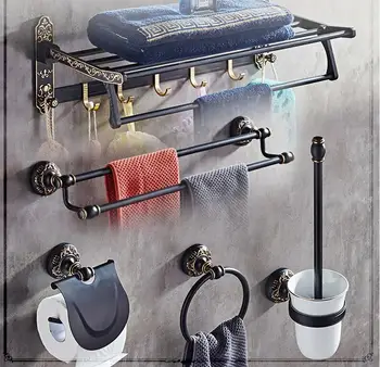 Комплект аксесоари за баня от алуминий с художествена дърворезба черен и златист цвят, кука за роба, държач за хартия, закачалка за кърпи, кошница за сапун