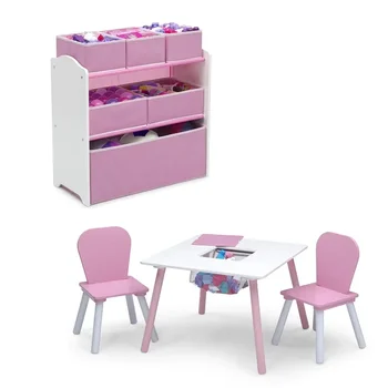 Комплект за детска стая Delta Деца от 4 теми, розово и бяло училище маса и стол, детска масичка и стол