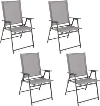 Комплект Сгъваеми Столове за Тераса от 2/4, Улични, Градински Столове от Неръждаема Метална Рамка, Преносими Трапезни Столове за Градина, Къмпинг