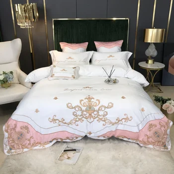 Комплект спално бельо в европейски стил, луксозен Сатен, Двоен чаршаф с златен царски бродерия, сатен памучни кърпи и калъфки за възглавници, комплект спално бельо
