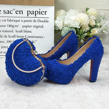 Комплекти булчински обувки и чанти BaoYaFang Royal Blue Flower дамски обувки на платформа, дамски обувки на висок ток, чанта във формата на сърце на дебелите ток