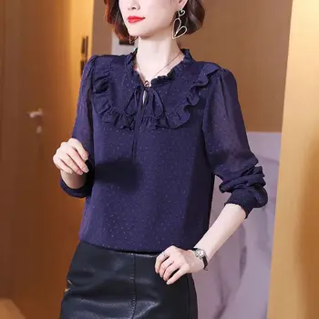 Корейската Дамски модни Шифоновая риза Пролет-лято с рюшами в стил мозайка, Универсална Офис Дамски дрехи, Свободна блуза с дълъг ръкав