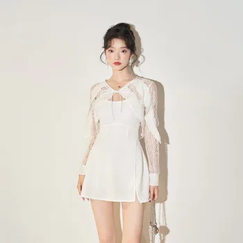 Корейски женски бански костюм от две части, новост 2023, бял, консервативен, за малки гърди, едно парче бански в стил поли, бански за топла пролет