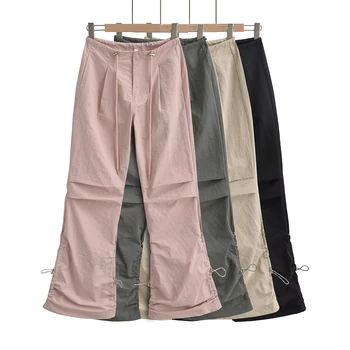 Корейски модни панталони-парашут, реколта дрехи, панталони-карго, дамски градинска облекло y2k, широки панталони за жени, ежедневни панталони-клеш, розов