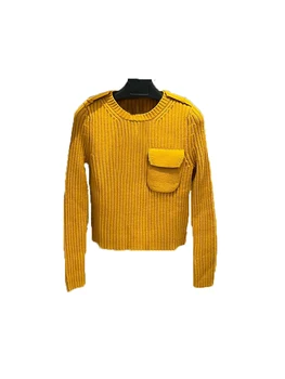 Кратък вълнен пуловер с джобове, модерен, удобен, гъвкав, есен и зима 2024, новост 1116 г.