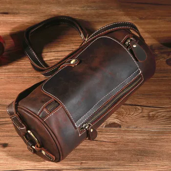 Кръгла чанта кофа Crazy Horse от телешка кожа в ретро стил мъжка чанта през рамо от естествена кожа, с едно рамо, модерен малка кожена чанта за мъже