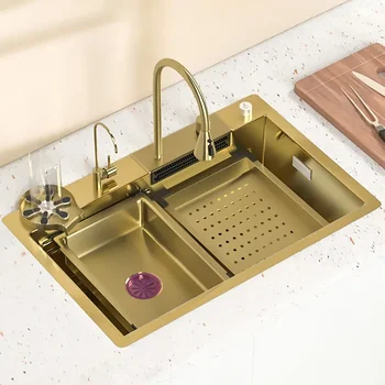 Кухненска мивка с водопад, мивка от неръждаема стомана Nano Gold 304, Голяма единична купа, модерен многофункционален мивка