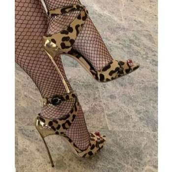 Леопардовые Сандали на метален ток с катарама на щиколотке, дамски обувки с отворени пръсти, Чубрица обувките на тънък висок ток, 2024 Zapatos Para Mujere