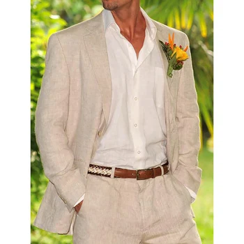 Летни Мъжки костюми, Бельо белобежевая яке Панталони От две части Елегантни тоалети Terno За почивка, Оборудвана ежедневния костюм на младоженеца на сватбата