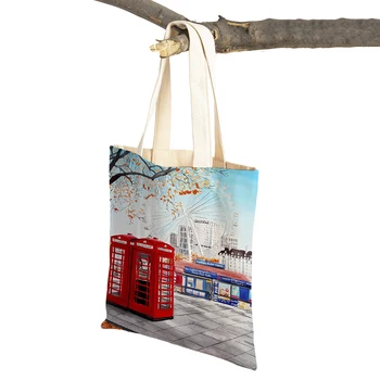 Лондон Испания Италия Барселона Париж Франция Градска Женствена чанта за пазаруване, чанта с двоен принтом, модерни ежедневни дамски чанти за пазаруване през рамо