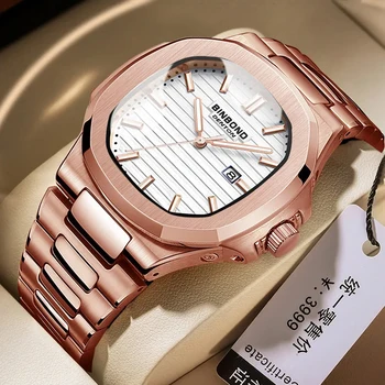 Луксозни кварцов часовник с каишка от розово злато и неръждаема стомана за мъже, Водоустойчиви календар, Модерен Квадратен мъжки часовник Relogio Masculino