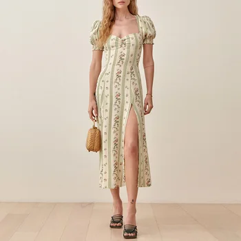 Лятна рокля 2021, плажна рокля с цветен модел на райета в стил бохо, дамско елегантно винтажное шифоновое рокля миди с пищни ръкави и деколте-лодка, с прерязано