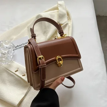 Малка чанта през рамо контрастен цвят с панти капак за жените, най-Новата кожена чанта през рамо, Трендови дизайнерски дамски чанти и портмонета 2023 година.
