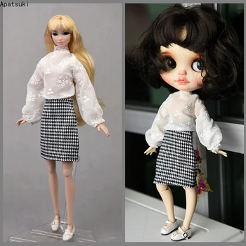 Модерен комплект дрехи за кукла Blythe, аксесоари, екипировки за кукли, бели върхове с пищни ръкави, клетчатая пола за кукли Барби, играчки със собствените си ръце