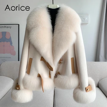 Модерно дамско яке от изкуствена велур утином топола, зимно палто с голяма яка от естествен лисьего кожа CT313