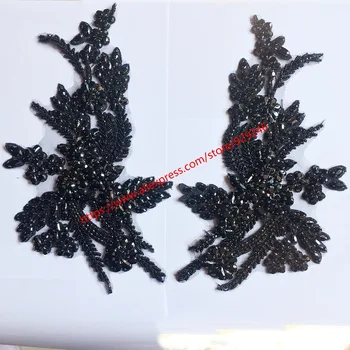 Модна апликация от черно стъкло с кристали по двойки за украса на входната врата палто, пришитая, черна декоративни довършителни във формата на цвете от страз