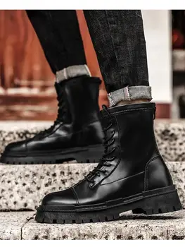 Мъжки демисезонные кожени ежедневни обувки са с високо берцем, дебела подметка, нескользящие мотоциклетни ботуши в английски стил, улични ежедневни работни обувки