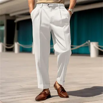 Мъжки ежедневни панталони Стилни мъжки костюмные панталони Удобна, дишаща материя със средна талия и широки штанинами за официална бизнес офис облекло