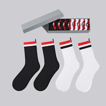 Мъжки чорапи луксозна марка, дизайнерски чорапи на райета, Памучен оборудване, ежедневни градинска мода, чорапи със средна дължина, 3 двойки, подарък кутия