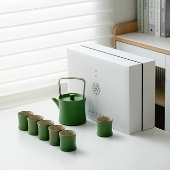 Набор от Чай прибори Бамбук Зелена Глазура Шест Чаши Едно Гърне Домакински Керамичен Чайник Подарък Кутия Комплект
