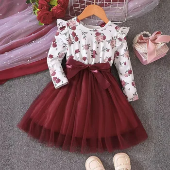 Нова пролет-есен сетчатое рокля с дълги ръкави за момичета с принтом за малките и средна училищна възраст