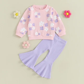 Новата есенна дрехи за момичета от 2 теми, пуловер с дълги ръкави и цветисти принтом, върховете + разкроена панталони, пролетно облекло за деца от 6 месеца до 5 години