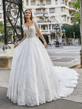 Ново дантелено рокля с дълги ръкави, благороден и достоен, V-образно деколте с елегантна красота, очарователен ключица, страхотна вечер сватбена рокля