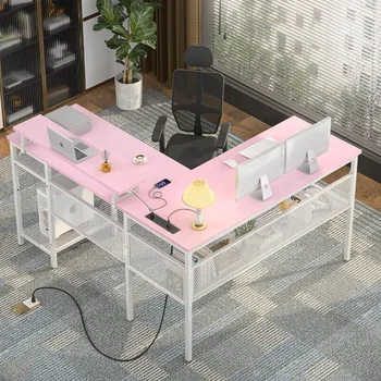 Обръщане на L-образна маса с розетки и интелигентна led подсветка, 55-инчов компютър офис бюро с уникален дизайн на окото