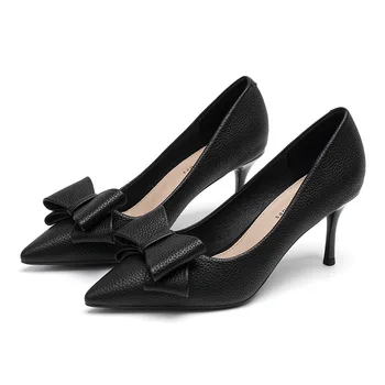 Обувки; Нови Дизайнерски Дамски обувки-лодка с папийонка и Остри пръсти От Изкуствена кожа на тънък ток 7 cm; Класически Модел Сандали; Модни Дамски обувки в Черен цвят