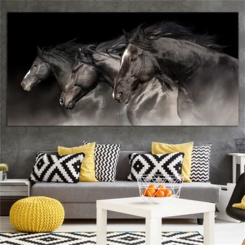 Плакати и щампи с три лъкатушещи черни коне, живопис върху платно, стенно изкуство с животни, картина за хола, дропшиппинг, изкуство, начало декор