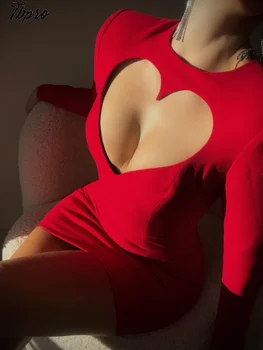 Плътно прилепнали секси ластични мини рокли с неравности във формата на червено сърце, Тъкани на дамски официални рокли с кръгло деколте и дълъг ръкав, увити в бедрата, Женски клубен хавлия