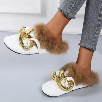 Плюшени ниски обувки, дамски зимни нови модни ежедневни топли чехли с метална верига, дамски обувки големи размери 35-43