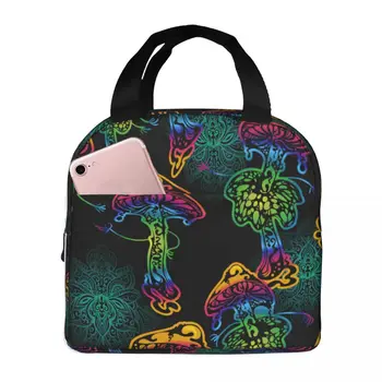 Преносим чанта за обяд Psychedelic Magic Mushrooms Изолирано чанта-хладилник, Термосумка за пикник чанта за обяд и за жени и деца