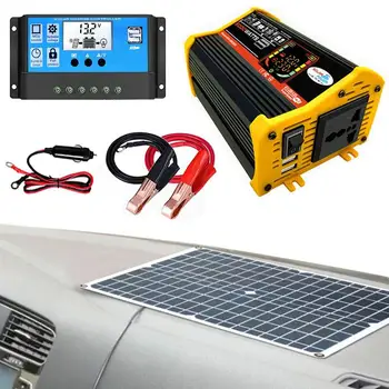 Преносима електрическа централа, 6-Слънчева система за захранване С автомобилен инвертор, Двоен адаптер за кола, USB, пълна Слънчева система за захранване С батерия и