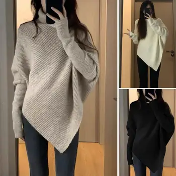 Прост пуловер-пуловер, приветлив женски пуловер с висока яка и ръкав 
