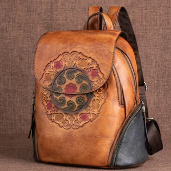 Раница от естествена кожа в китайски стил в ретро стил, с изискана изработка, чанта за крайградски пътувания, здрава чанта с голям капацитет